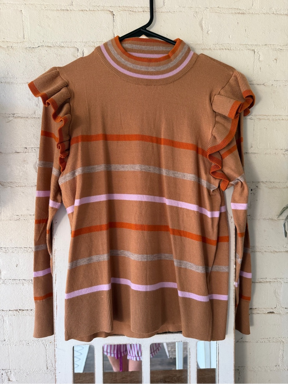 THML Tan Striped Ruffle-Shoulder Sweater with Pink & Orange Accents
